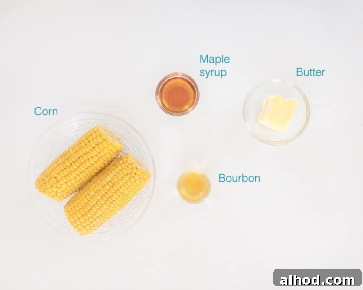 Bourbon Butter Glazed Grilled Corn 3 Ingredients Bourbon Butter Grilled Corn individually labeled on a white background