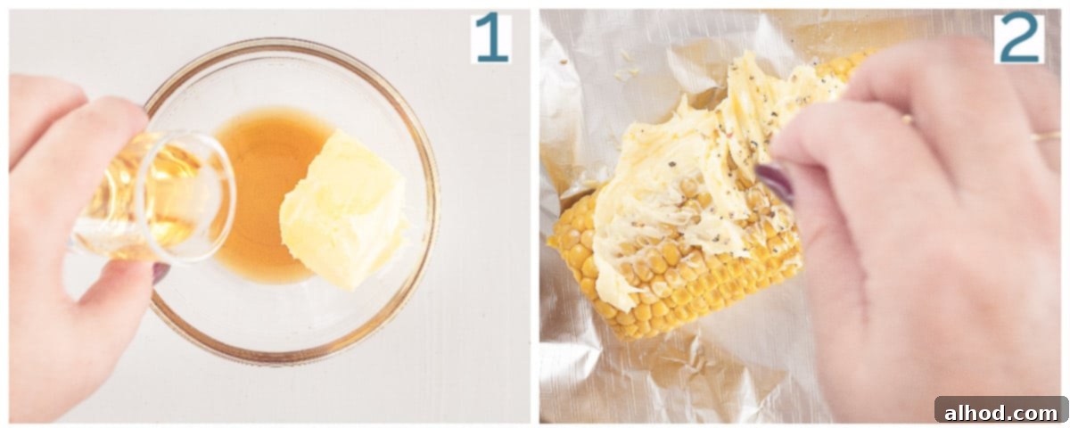 Bourbon Butter Glazed Grilled Corn 4 2 photos preparation collage Corn cob from the BBQ with Bourbon maple butter