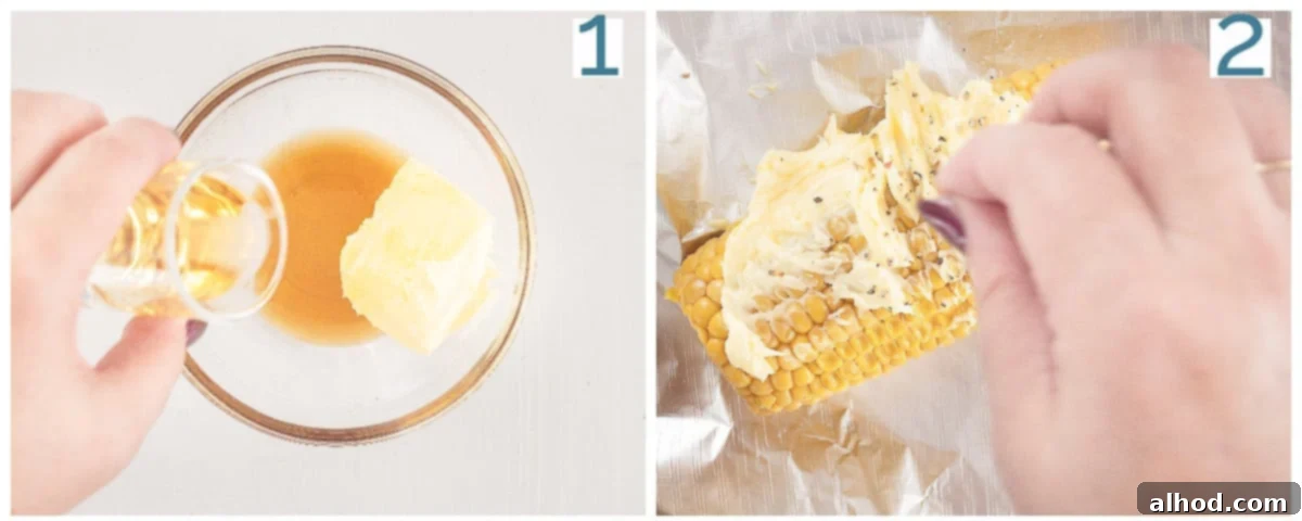 Fire-Kissed Bourbon Butter Corn 4 A two-photo collage illustrating the preparation of bourbon butter grilled corn: one showing corn cobs being brushed with butter mixture on foil, and the other showing grilled corn being removed from the BBQ.