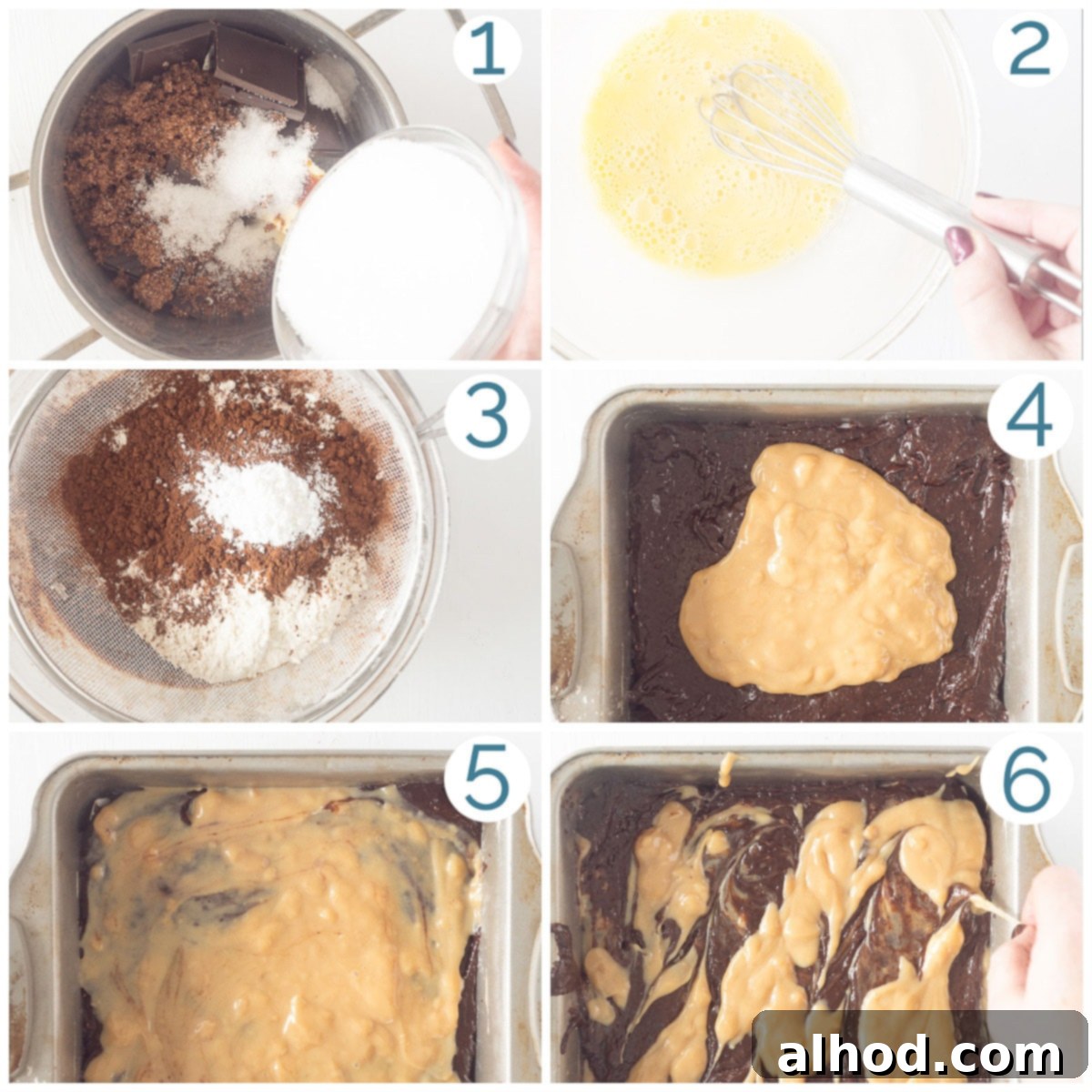 Decadent Caramel Brownies 4 Six step-by-step photos illustrating the preparation of dulce de leche brownies, from melting ingredients to the final caramel swirl.
