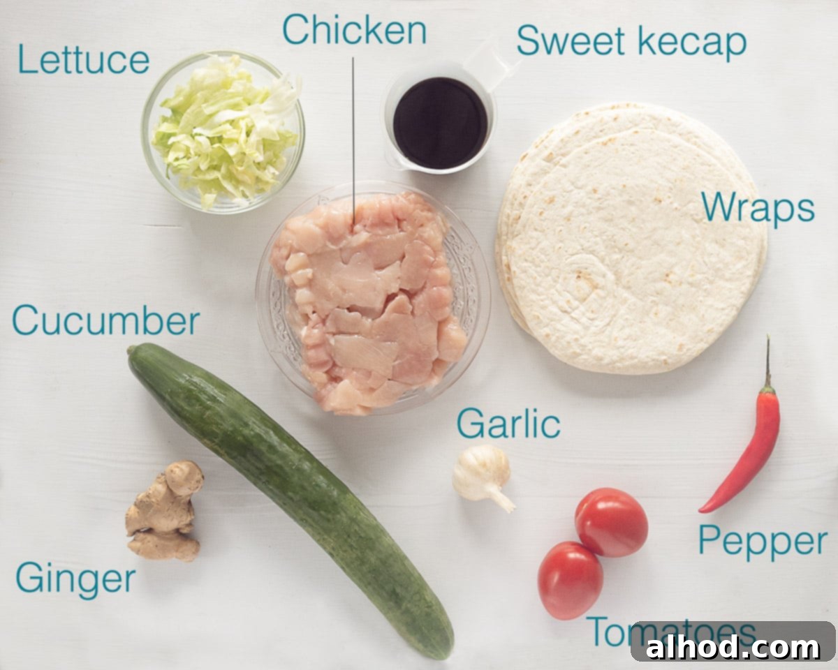 Flavorful Soy Chicken Wraps 3 Ingredients spicy chicken wrap recipe individually labeled on a white background