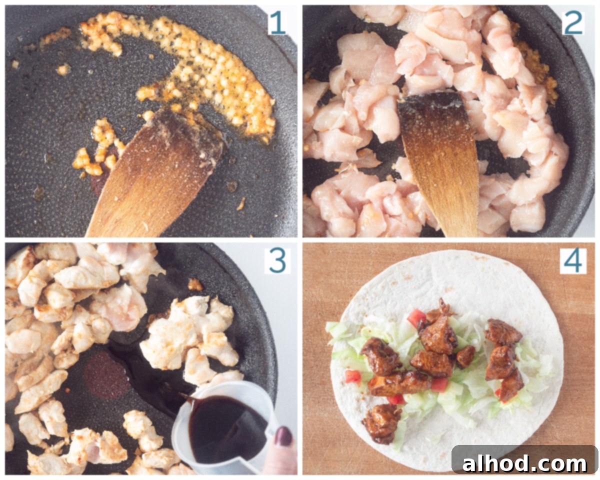 Flavorful Soy Chicken Wraps 4 in four photos the preparation of wraps with soy sauce