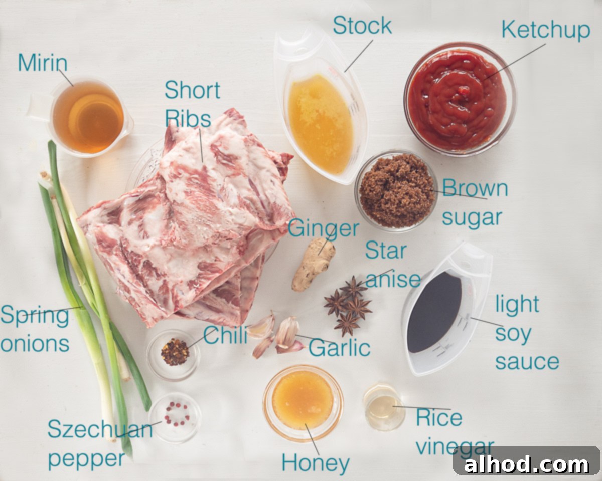Caramelized Asian Ribs 3 A flat lay photograph showcasing various fresh ingredients for Sweet and Sticky Asian Ribs, including spare ribs, garlic, ginger, chili flakes, Szechuan peppercorns, star anise, honey, soy sauce, and spring onions, each item distinctly labeled and arranged on a clean white background.