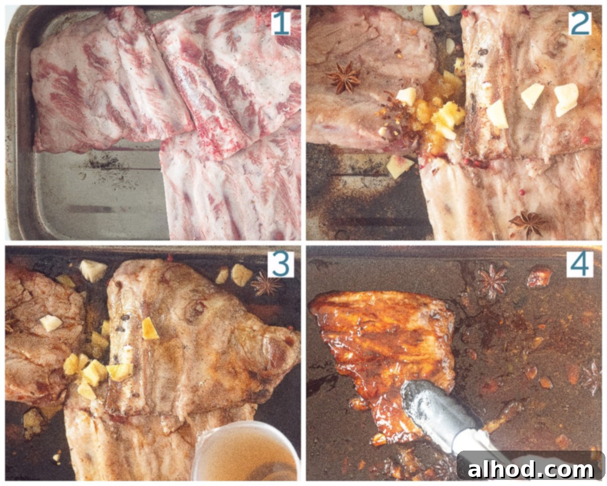 Caramelized Asian Ribs 4 A four-panel collage showcasing the detailed cooking process for Sweet and Sticky Asian Ribs: starting with searing the seasoned ribs, then adding aromatic spices, followed by simmering the ribs in the rich sauce, and finally, the glorious glazed ribs ready to serve.