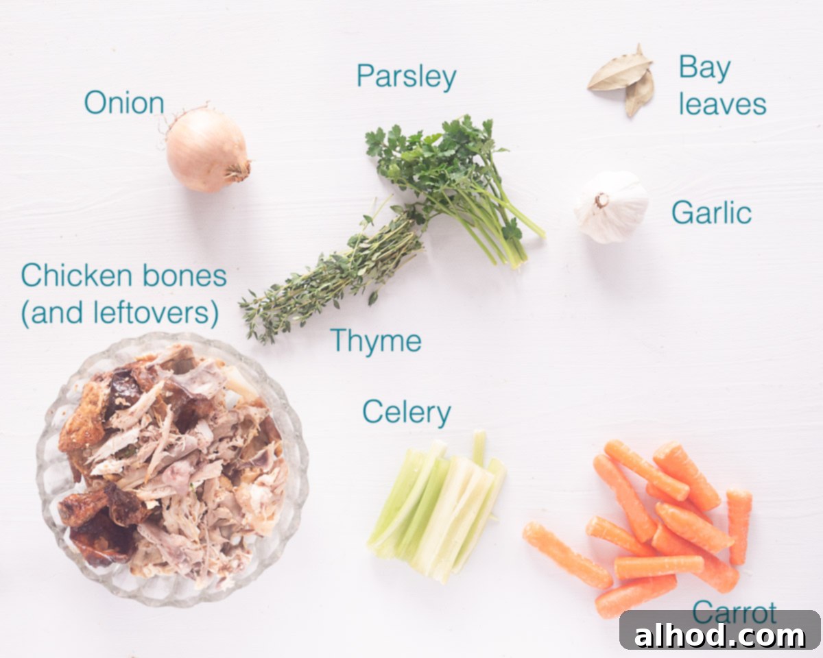Nourishing Slow Cooker Chicken Bone Broth 3 Ingredients chicken bone broth recipe crock pot individually labelled on a white background, showing fresh carrots, celery, onion, garlic, and herbs alongside chicken bones.