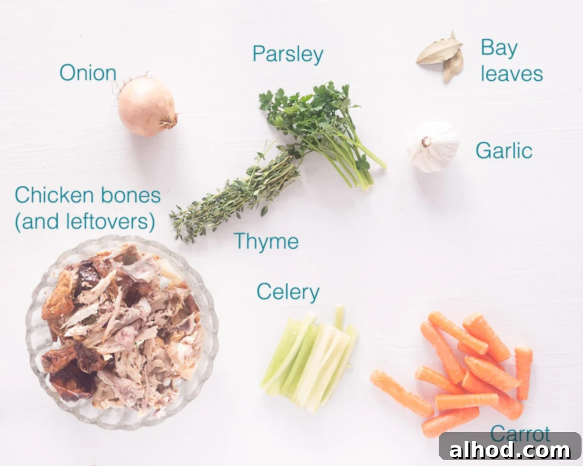 Nourishing Slow Cooker Chicken Bone Broth 3 Ingredients for a chicken bone broth recipe in a crock pot are meticulously labeled and arranged on a pristine white background, showcasing each component individually.