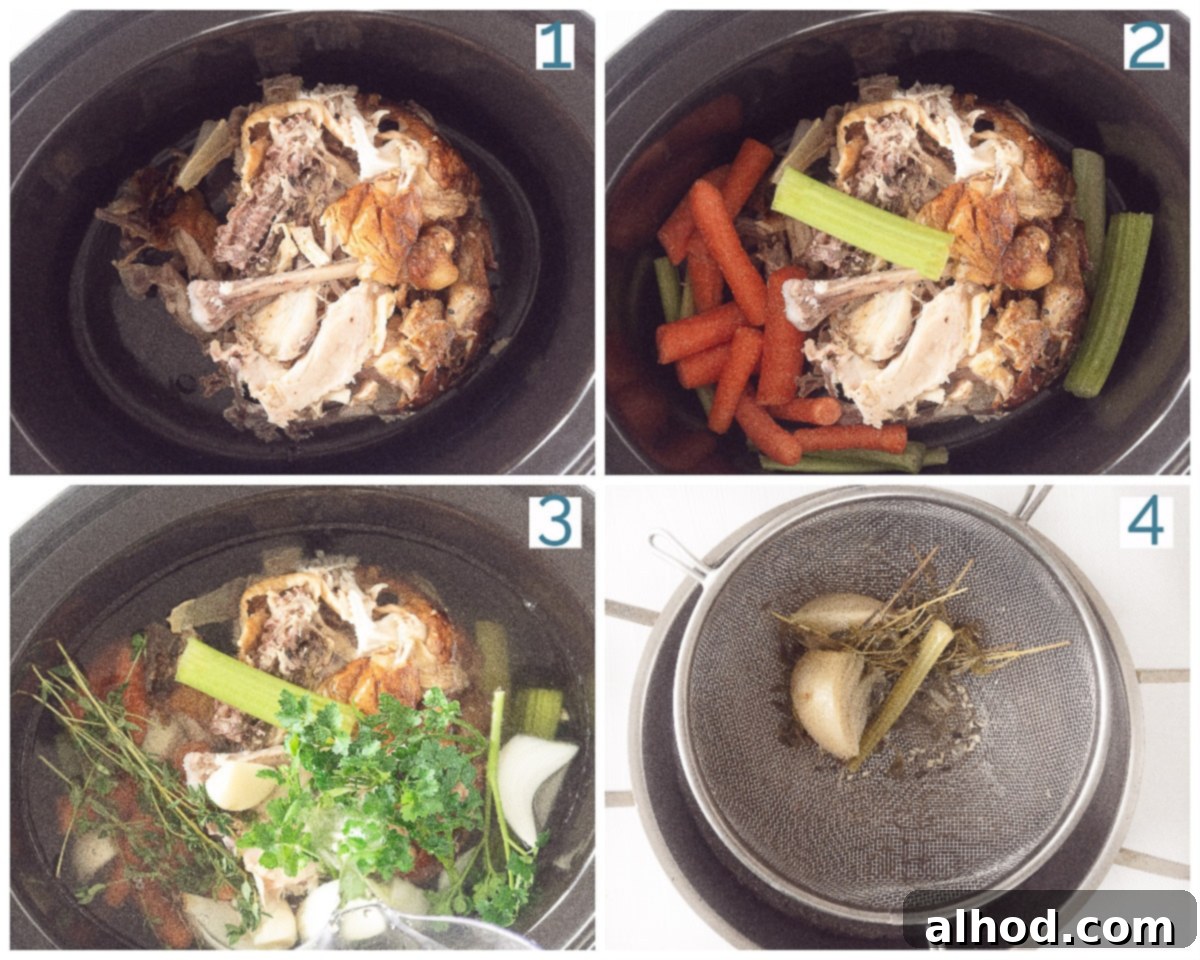 Nourishing Slow Cooker Chicken Bone Broth 4 Preparation in 4 steps slow cooker chicken bone broth, showing stages of adding ingredients to the slow cooker.