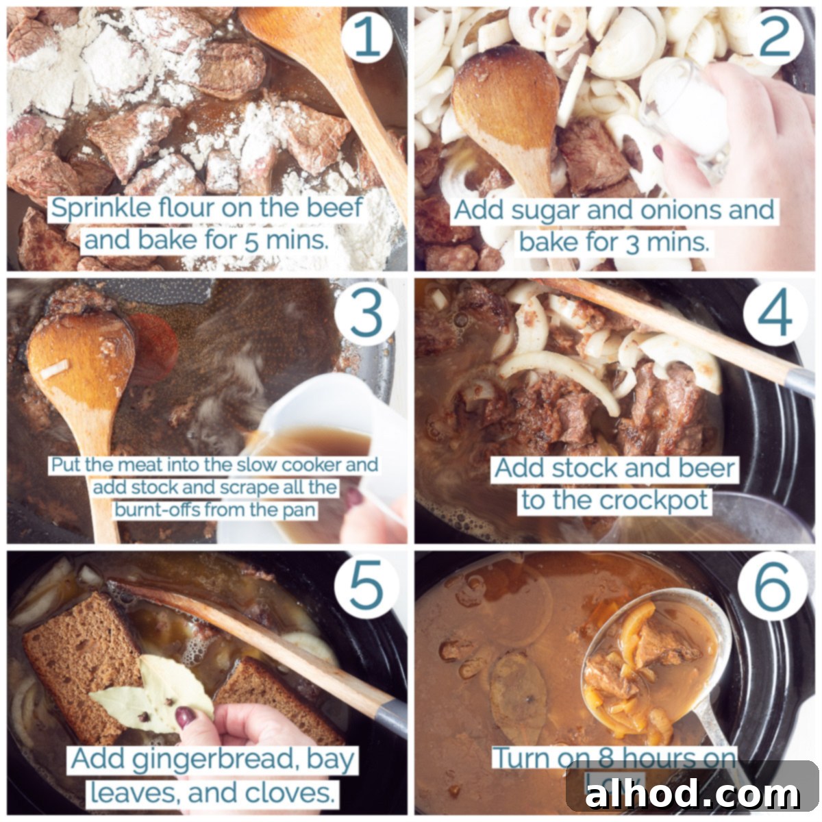 Classic Dutch Hachee Beef and Onion Stew 4 A 6-photo collage illustrating the step-by-step process of preparing Slow Cooker Hachee Recipe (Dutch Beef and Onion Stew). The images show searing beef, caramelizing onions, transferring to a slow cooker, deglazing the pan, adding beer and spices, and finally, the finished stew.