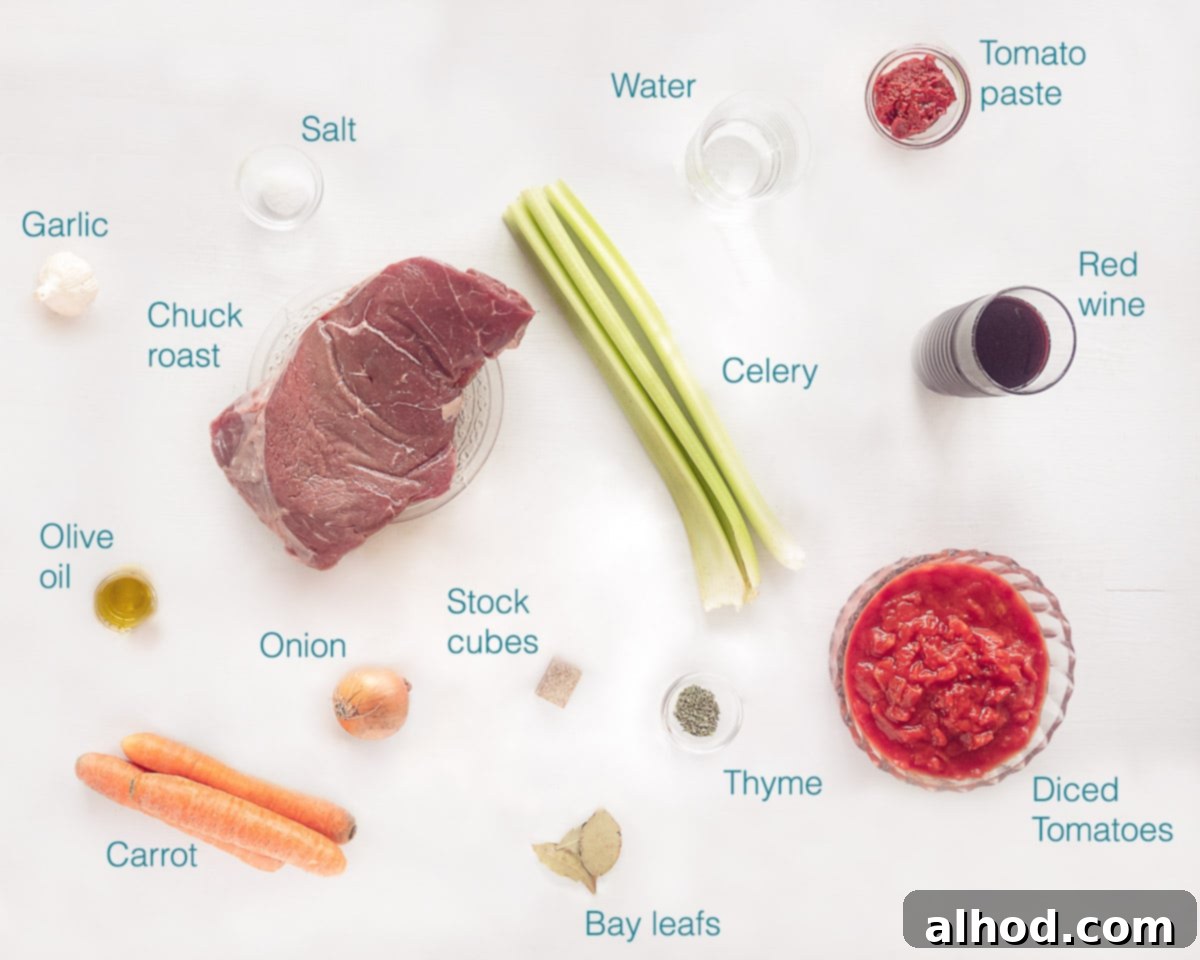 Tender Slow Cooker Beef Ragu with Pasta 3 Ingredients Beef Ragu Slow Cooker Recipe individually labeled on a white background