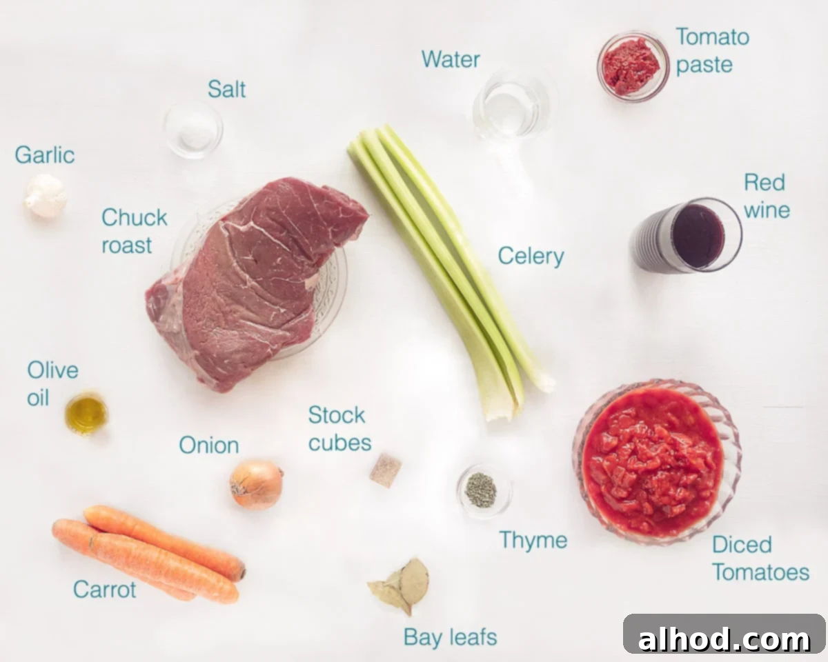 Slow Cooker Beef Ragu with Pasta 3 Ingredients Beef Ragu Slow Cooker Recipe individually labeled on a white background