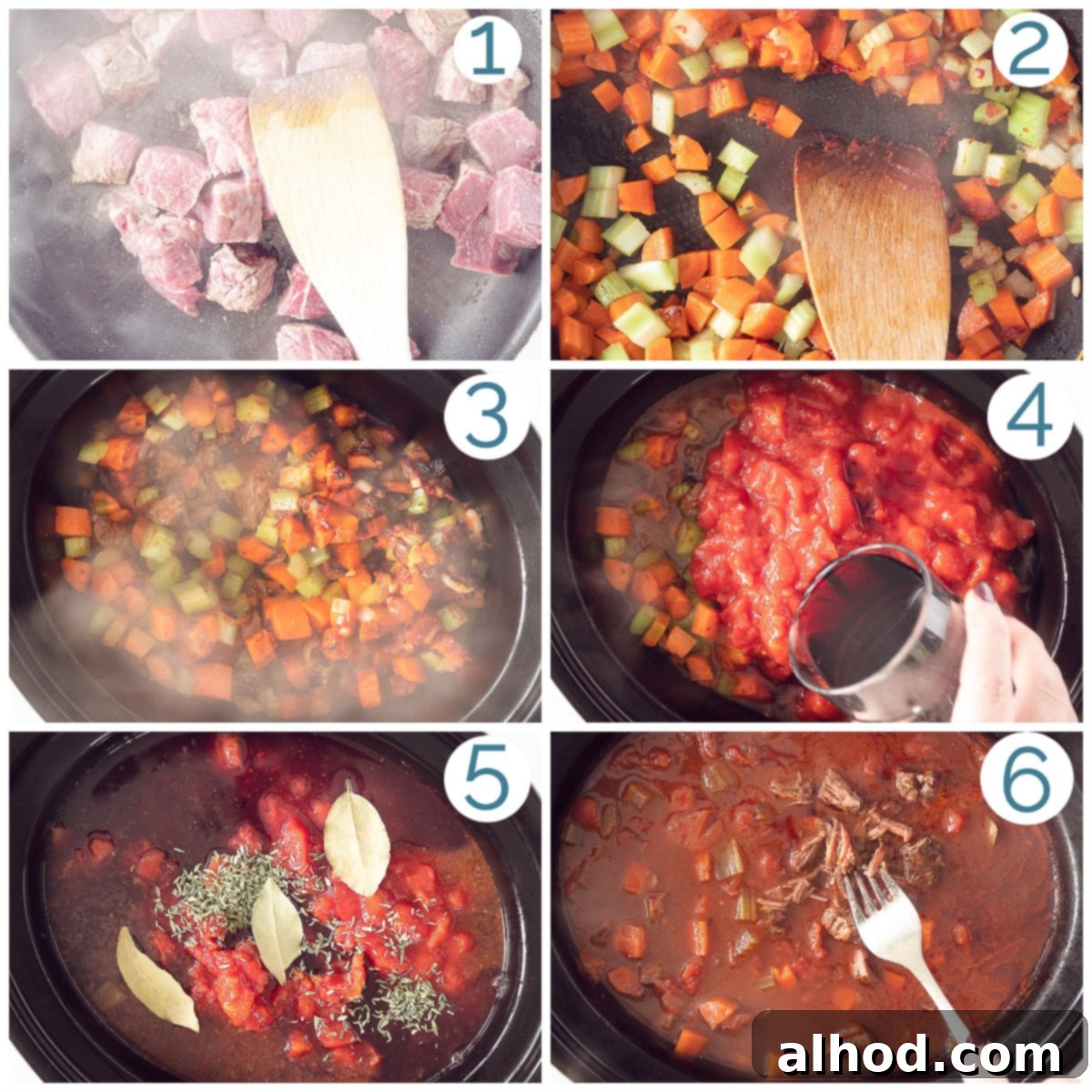 Tender Slow Cooker Beef Ragu with Pasta 4 Preparation 6 photos colllage Papardelle al Ragu