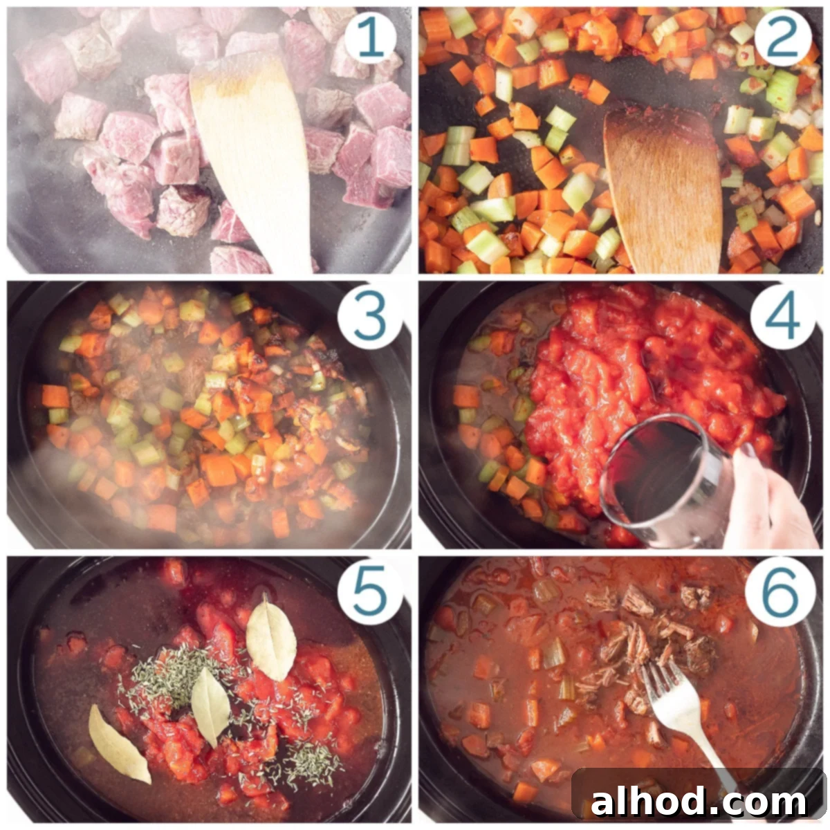 Slow Cooker Beef Ragu with Pasta 4 Preparation 6 photos colllage Papardelle al Ragu