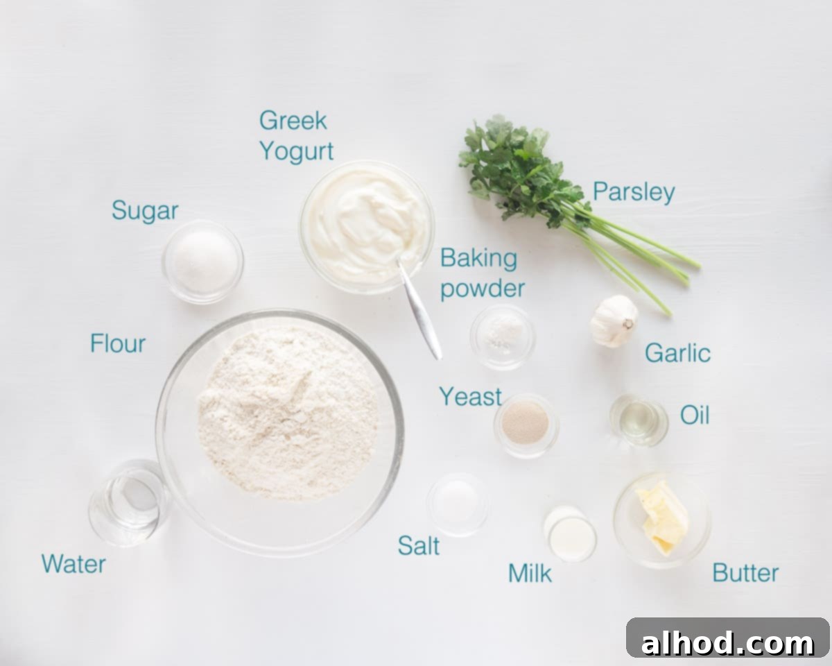 Buttery Garlic Herb Naan 3 Ingredients Garlic butternaan with yogurt and parsley individually labelled on a white background