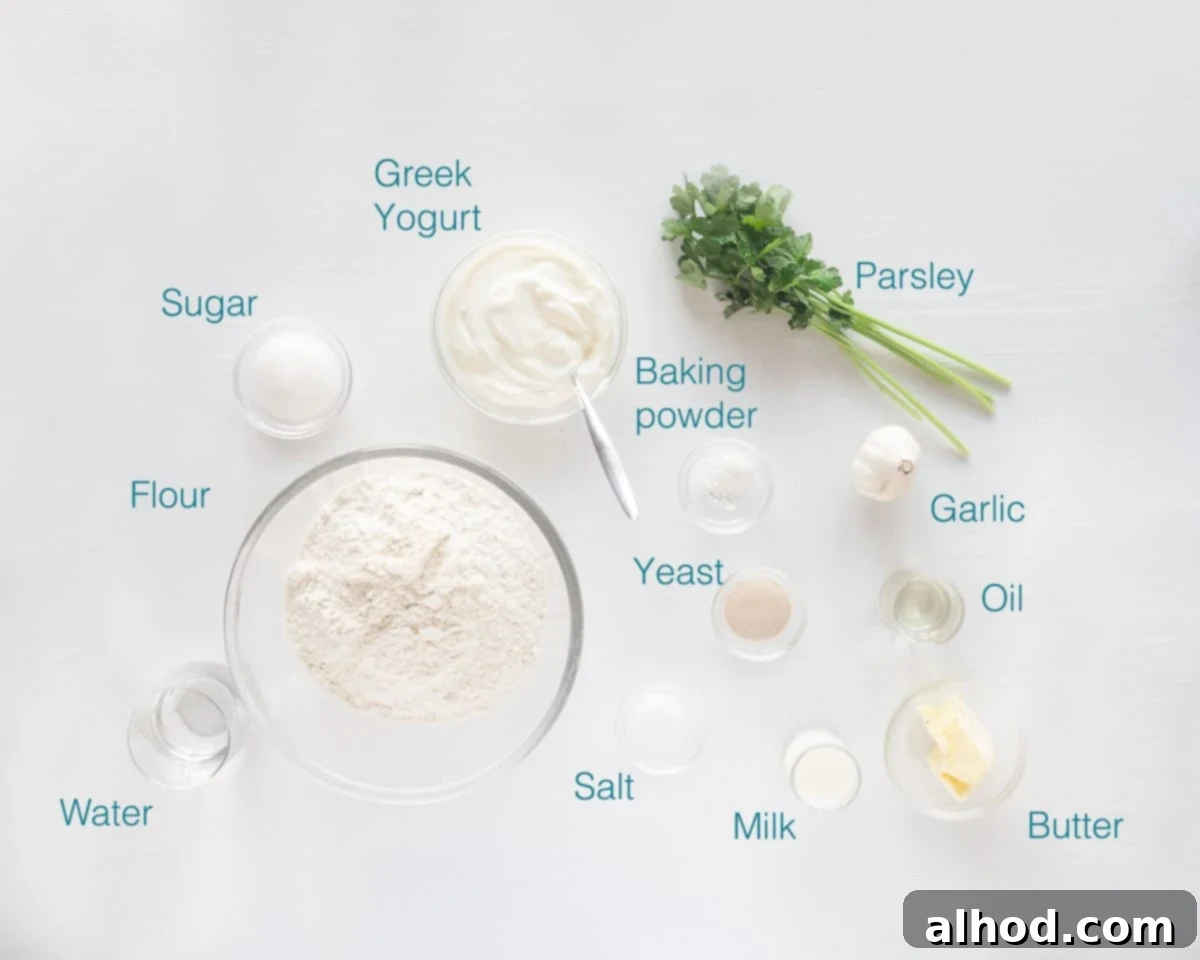 Buttery Garlic Herb Naan 3 Ingredients Garlic butternaan with yogurt and parsley individually labelled on a white background