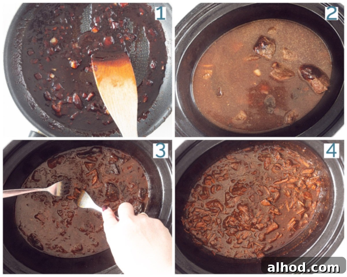 Sticky Asian Slow Cooker Beef 4 4 picture preparation collage Slow Cooker Asian Beef
