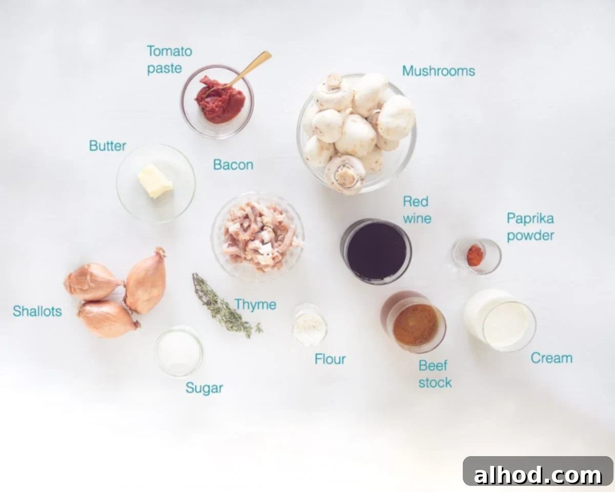 Ingredients Hunter Sauce for Schnitzel (Jager Sauce) individually labelled on a white background