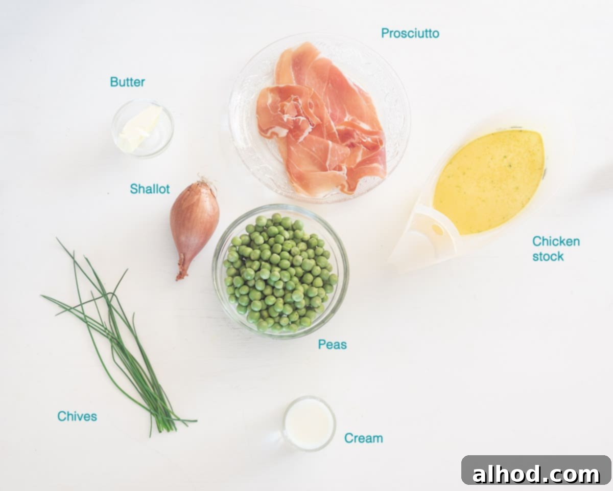 Vibrant Fresh Pea Soup 3 A selection of fresh ingredients for pea soup, including shallots, green peas, chives, cream, butter, chicken stock, and prosciutto, neatly arranged and individually labeled on a white background.