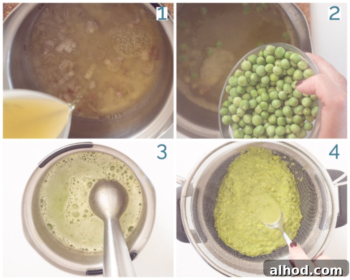 Vibrant Fresh Pea Soup 4 A four-photo collage illustrating the step-by-step preparation of fresh pea soup, featuring sautéing shallots, simmering peas, blending the soup, and finally serving it with Serrano ham and cream.