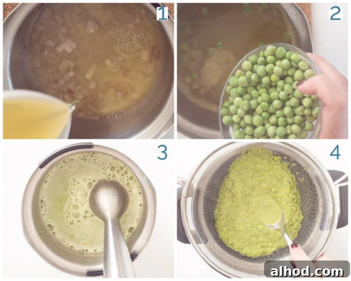 Garden Fresh Pea Soup 4 A four-panel collage showing the preparation stages of fresh pea soup: sautéing shallots, simmering peas in broth, blending the soup, and garnishing with prosciutto and cream.