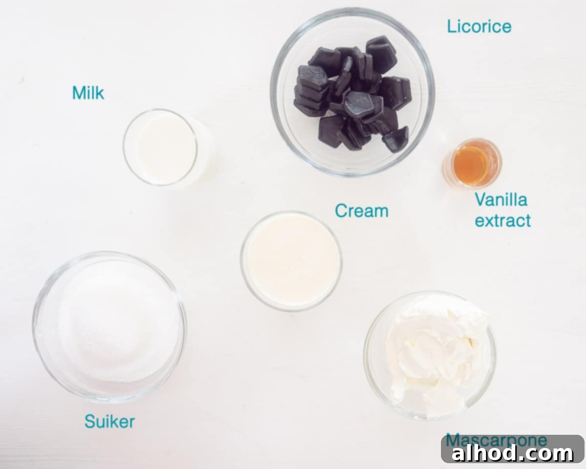 No-Churn Dutch Licorice Delight 3 A curated selection of ingredients for Dutch No-Churn Licorice Ice Cream, meticulously arranged and individually labeled on a clean white background.