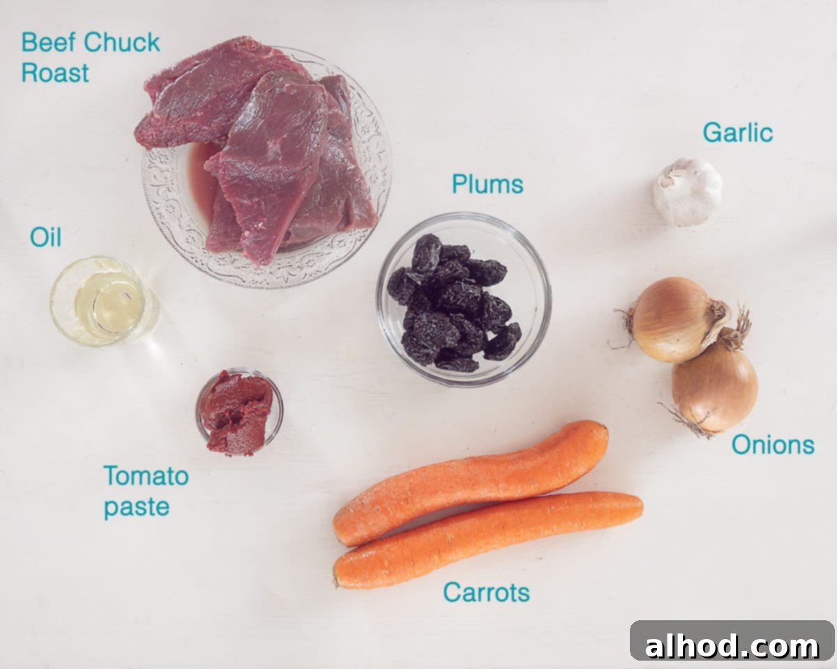 Tender Slow Cooker Plum Pot Roast 3 Ingredients Slow Cooker Beef Pot Roast with Plums, individually labeled on a white background