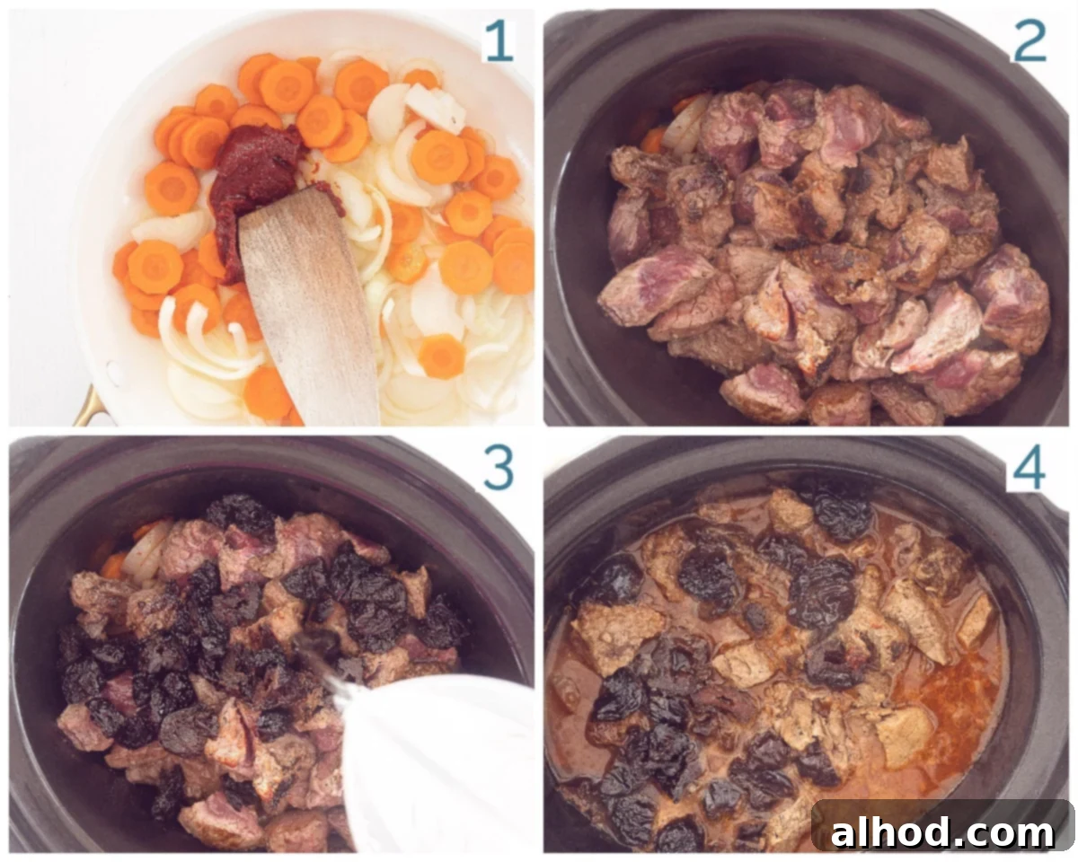 Tender Slow Cooker Plum Pot Roast 4 4 steps collage preparation Slow cooker Beef Pot Roast with Plums
