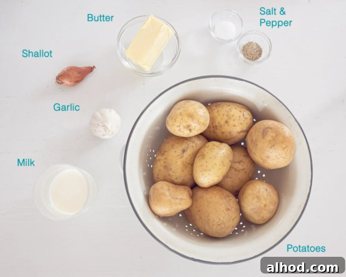 Aromatic Garlic-Shallot Mashed Potatoes 3 Ingredients Garlic Shallot Mashed Potatoes, individually labelled on a white background