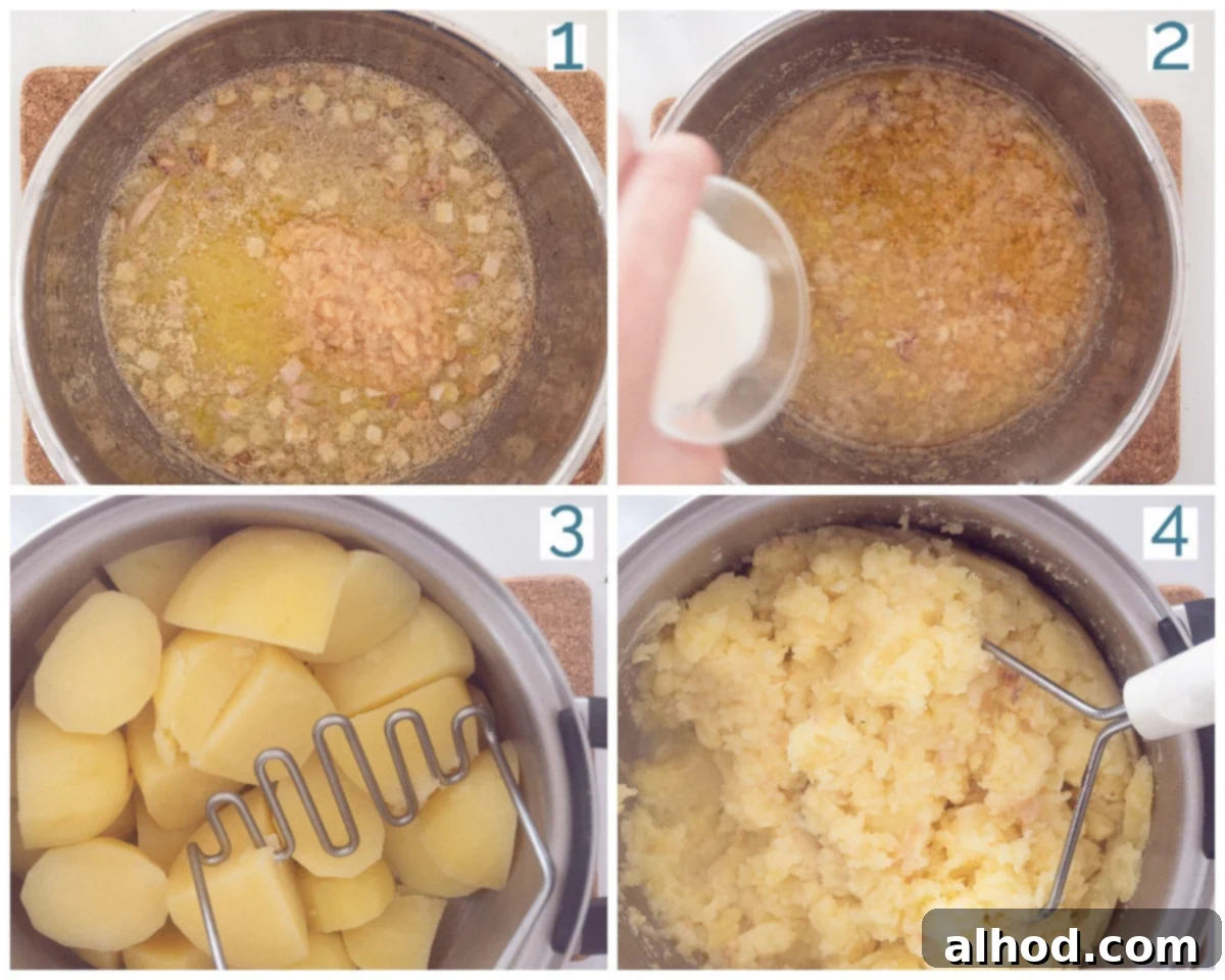 Aromatic Garlic-Shallot Mashed Potatoes 4 4 Steps Collage Preparation Garlic-Shallot Mashed Potatoes