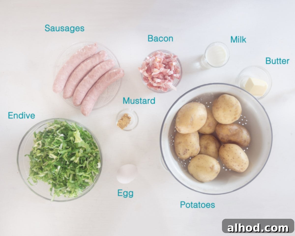 Granny's Hearty Endive Sausage Stew 3 A flat lay photograph showcasing all the individual ingredients neatly arranged on a white background, including potatoes, butter, an egg yolk, milk, mustard, fresh endive, bacon bits, and sausages, ready for Granny's Endive Stew preparation.