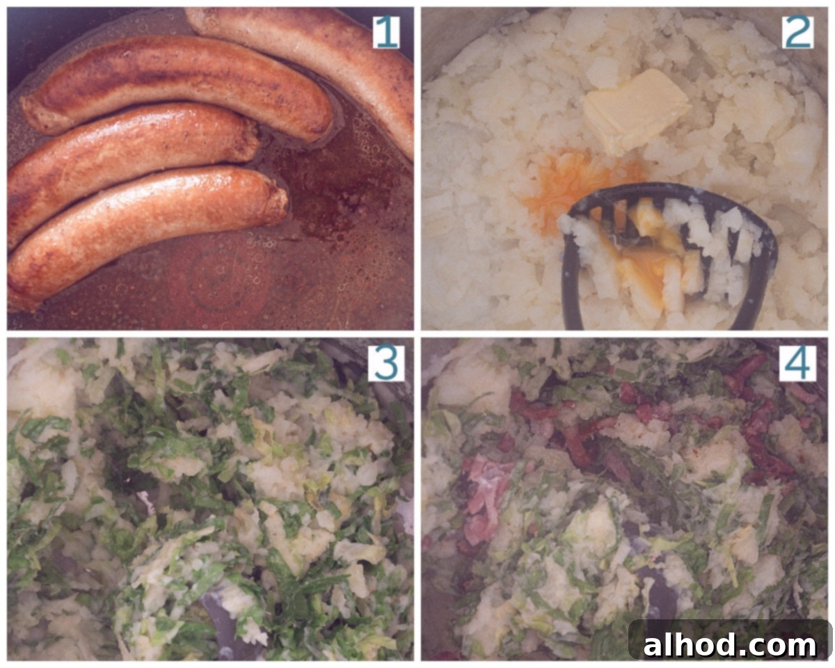 Granny's Hearty Endive Sausage Stew 4 A four-step collage illustrating the preparation of Granny's Endive Stew with Sausage. The images show the sausage browning, potatoes being mashed, endive being mixed into the mash, and the final dish with sausage and gravy.