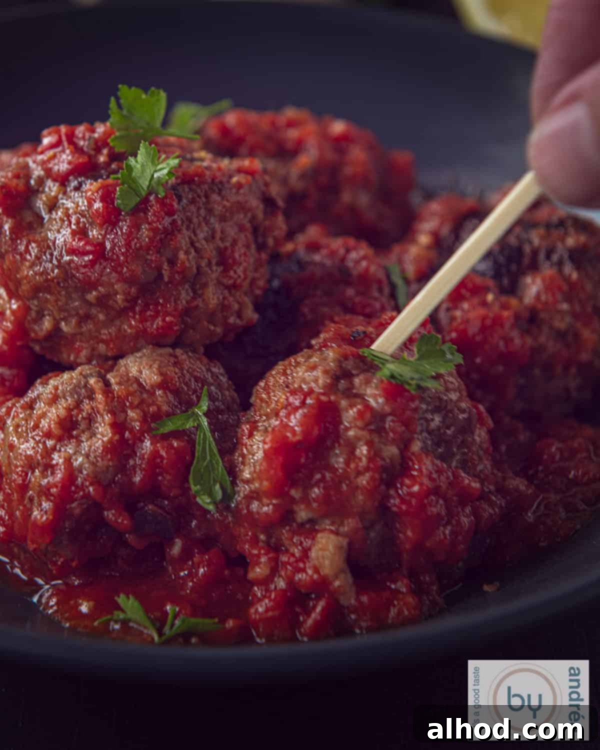Spanish Tapas Albondigas 2 Albondigas in a dark bowl. A skewer pierces a meatball.