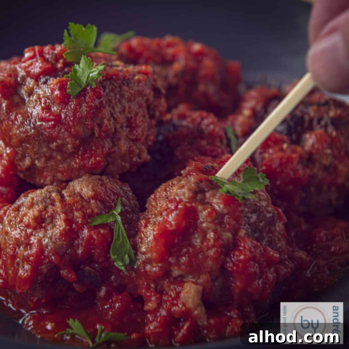 Spanish Tapas Albondigas 6 A square photo of meatballs in tomato sauce, Spanish. A skewer pierces a meatball.