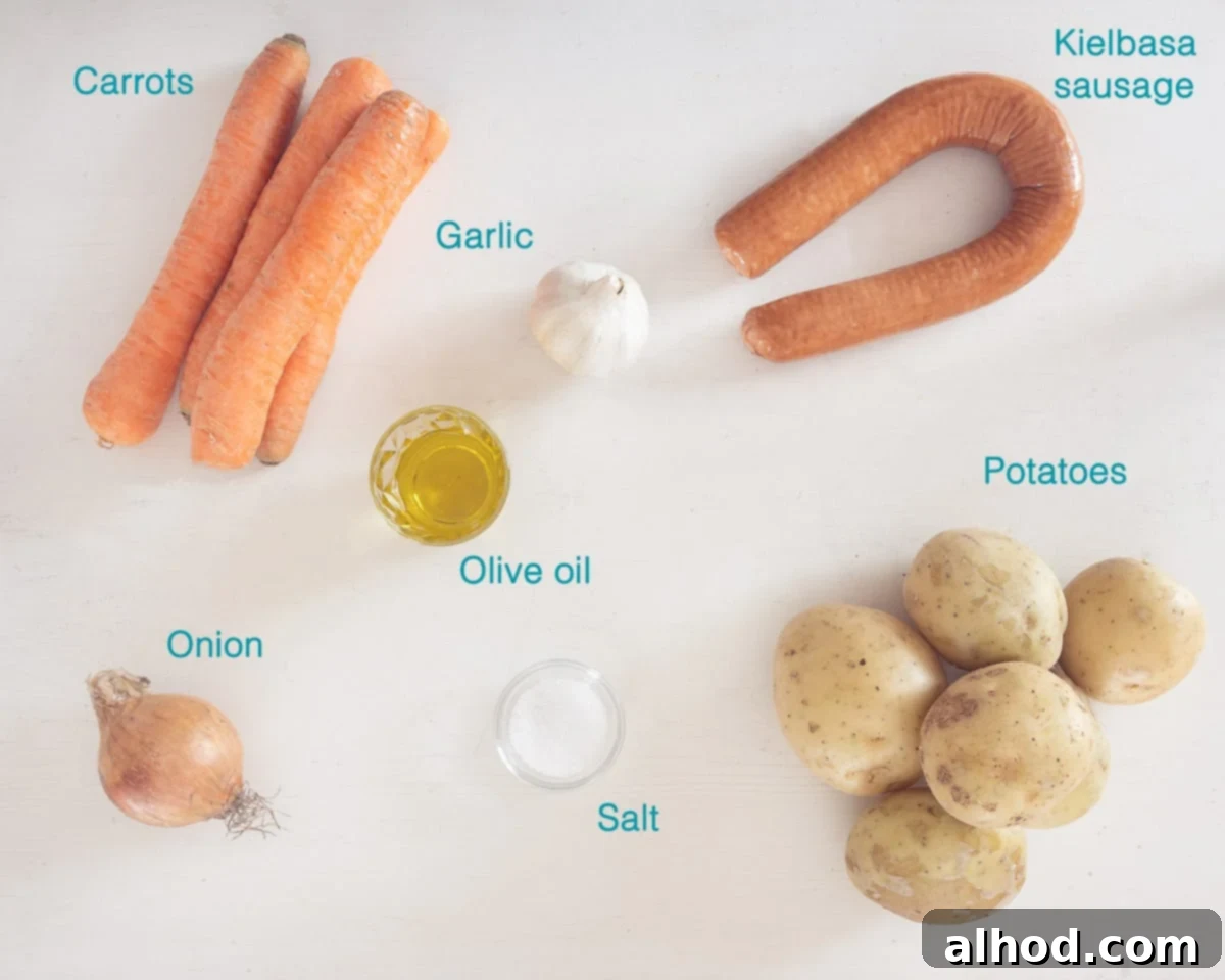 Easy Sheet Pan Sausages 3 Ingredients Simple Sausage Traybake, individually labelled on a white background