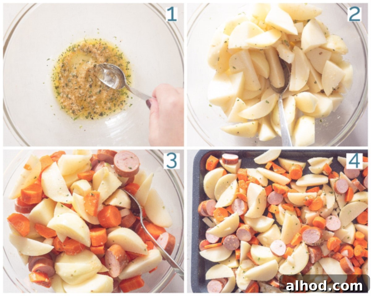 One-Pan Sausage Dinner 4 A four-step photographic collage showing the preparation of the Potato, Smoked Sausage, and Carrot Traybake: (1) mixing the herb oil, (2) adding potatoes, (3) combining with carrots and sausage, and (4) spreading on a baking tray.