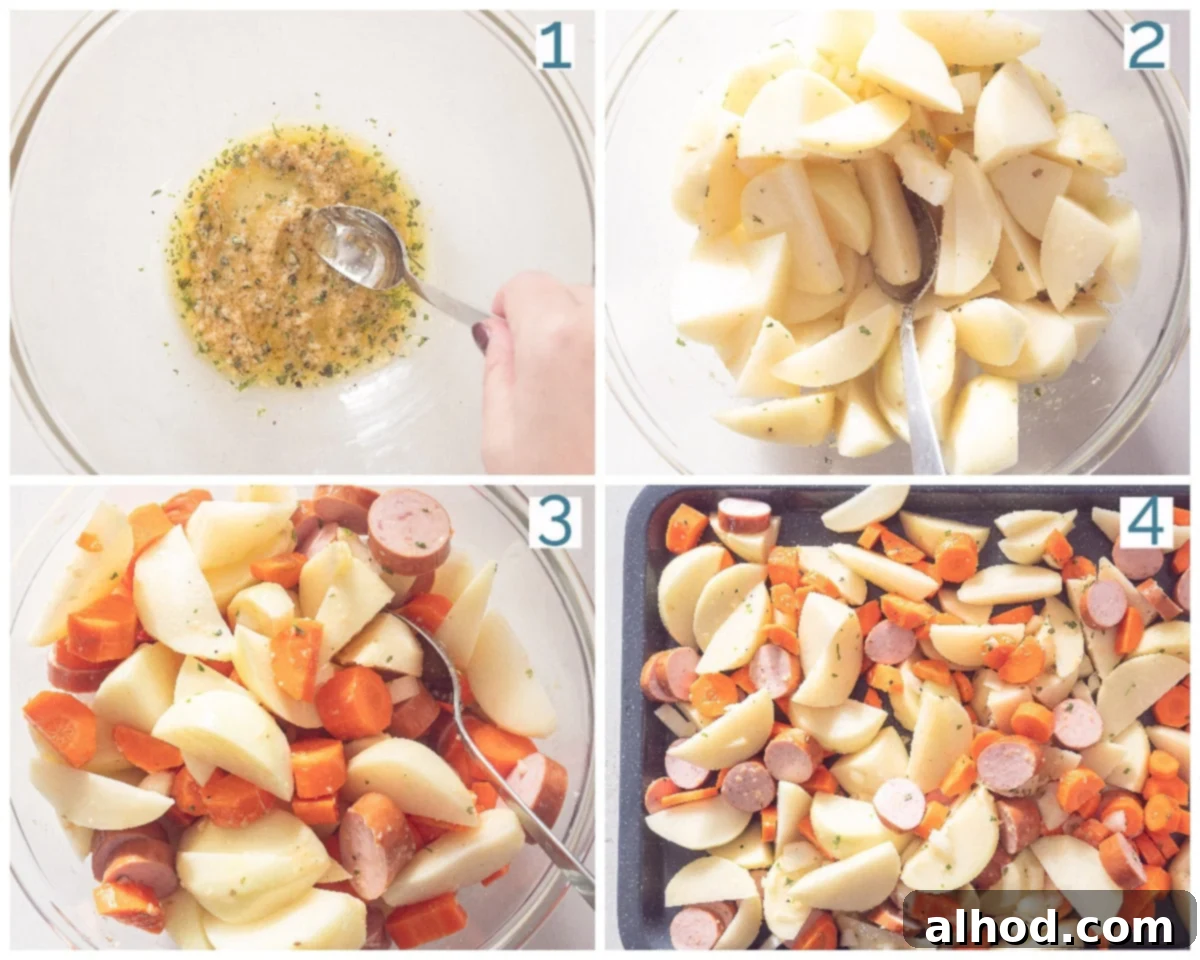 Easy Sheet Pan Sausages 4 4 steps collage Traybake of Potato with Smoked Sausage and Carrot