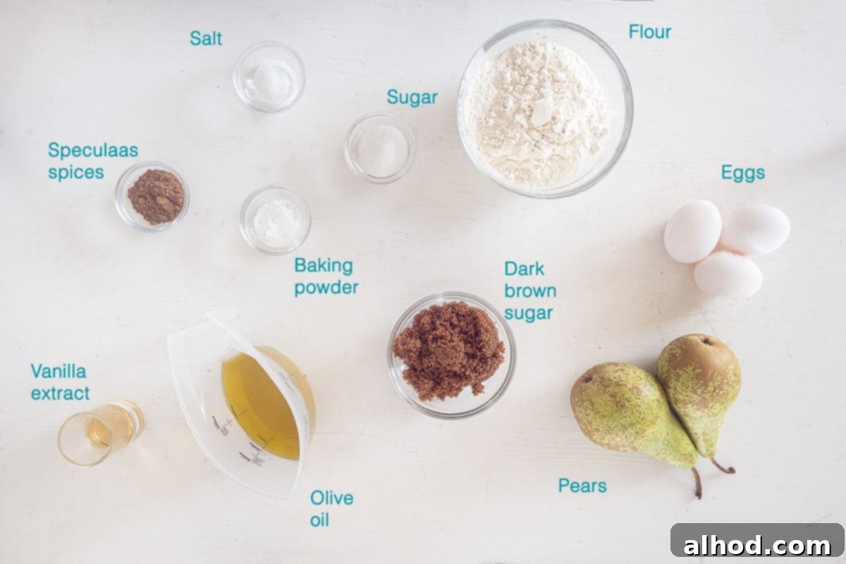 Individual ingredients for Moist Pear Cake with Olive Oil displayed neatly on a white background, including pears, olive oil, eggs, flour, sugars, and spices.