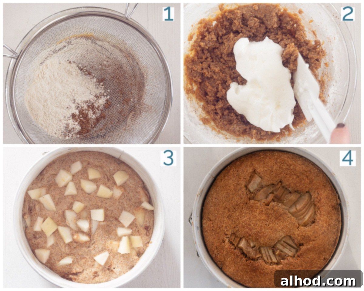 A four-step collage illustrating the preparation process of a moist pear cake with olive oil, showing mixing, layering, and decorating.