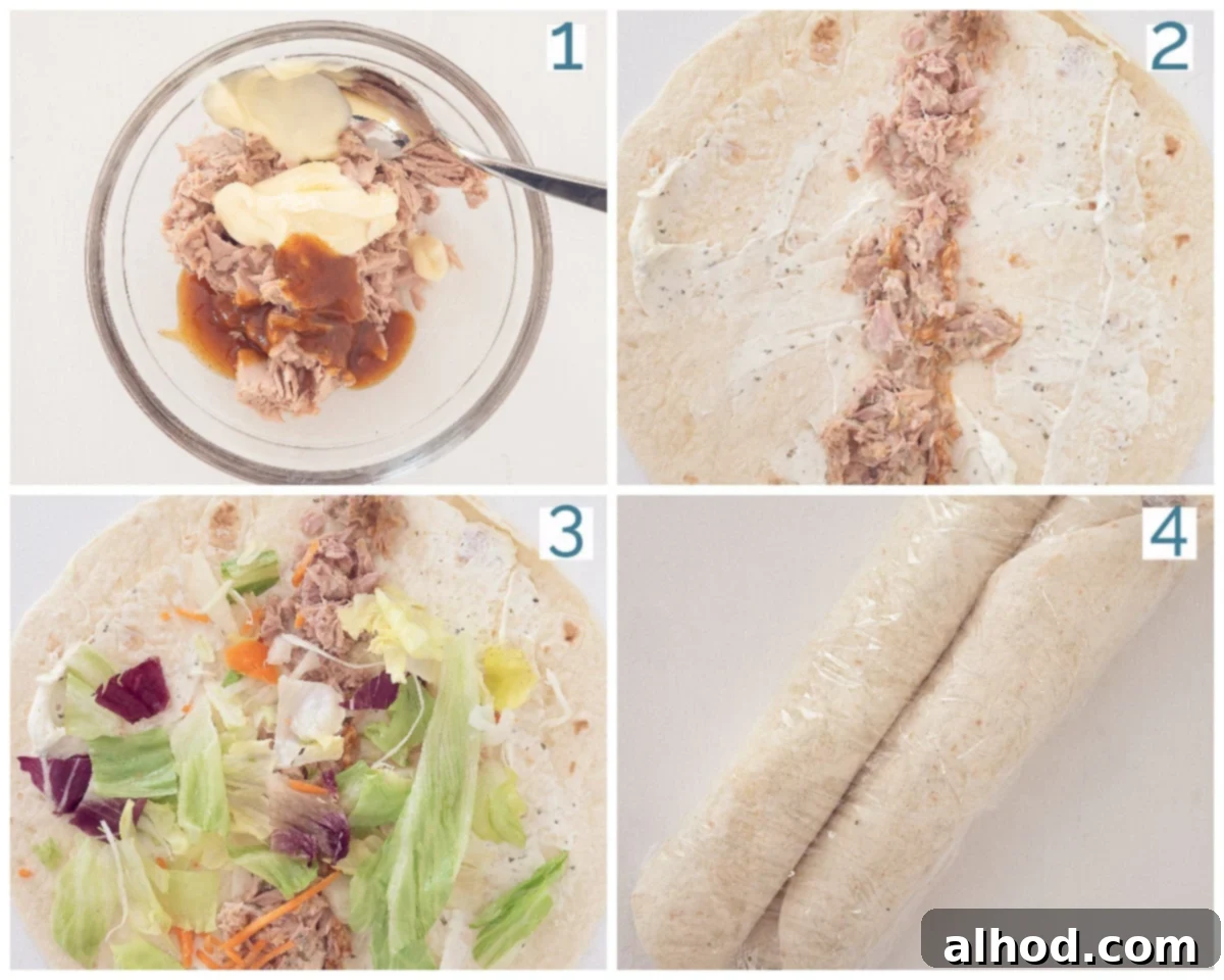 Creamy Tuna Spirals 4 4 steps collage Tuna salad Wrap Snacks
