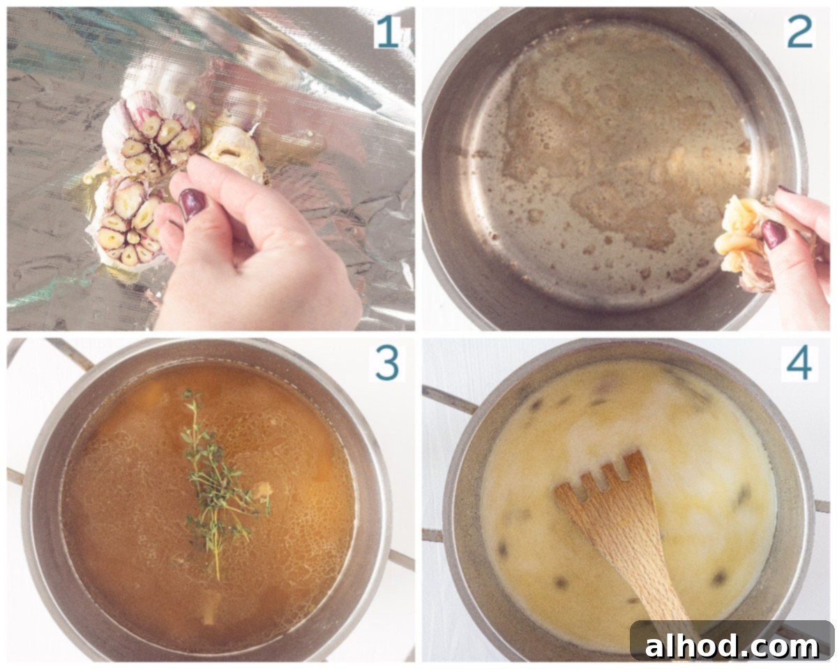 Velvety Roasted Garlic Soup 4 A four-panel collage showing the step-by-step preparation of creamy roasted garlic soup, from roasting garlic to blending the soup.