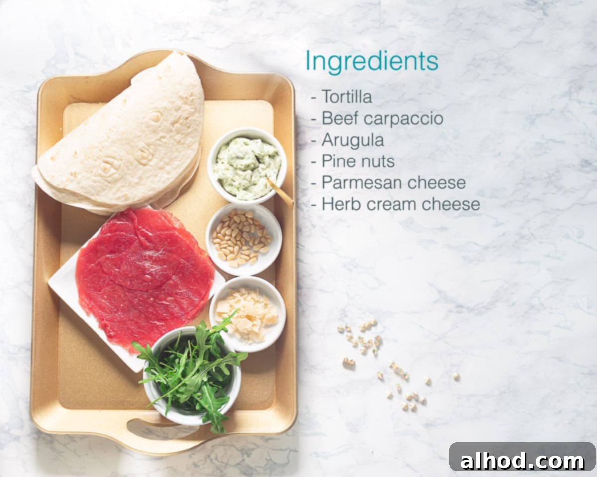 Classic Beef Carpaccio Pinwheels 3 Ingredients Beef Carpaccio Pinwheels without pesto left on a golden tray on the right text description