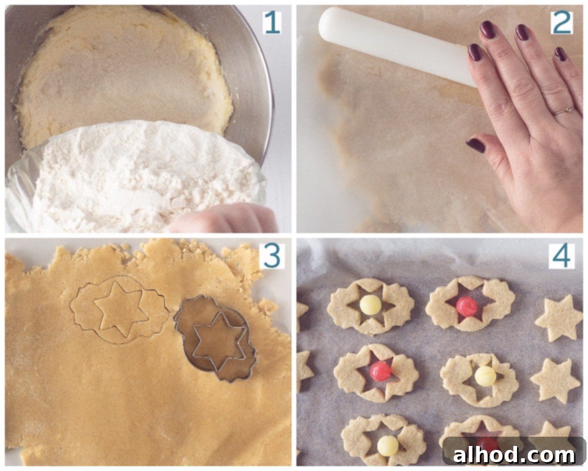 Jeweled Window Cookies 4 A collage photo displaying four key stages in the preparation of Stained Glass Cookies, from dough preparation to the final colorful candy filling.