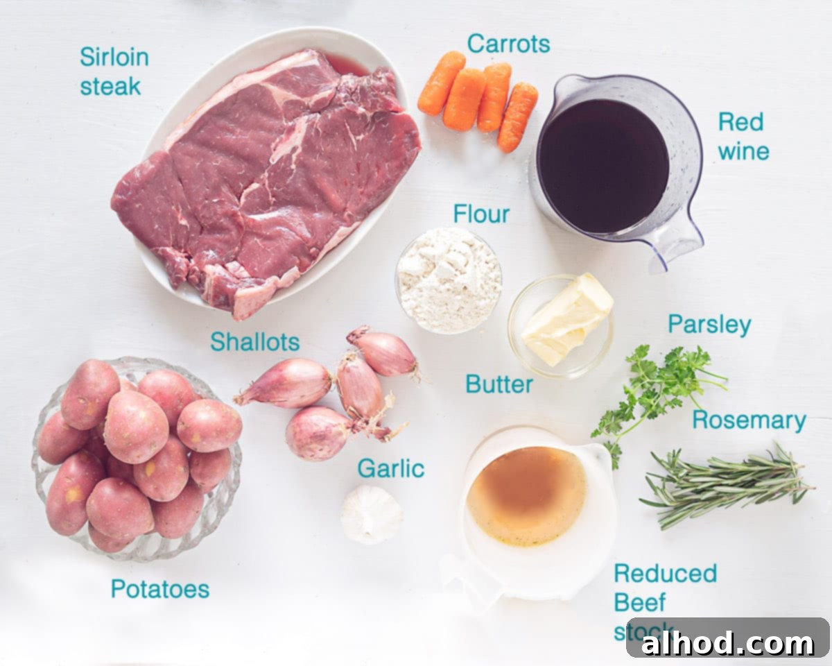Succulent Roasted Sirloin with Deep Red Wine Sauce 3 A beautifully arranged flat lay of all the fresh ingredients needed for Roasted Sirloin Steak with Red Wine Sauce, each clearly labeled on a pristine white background.
