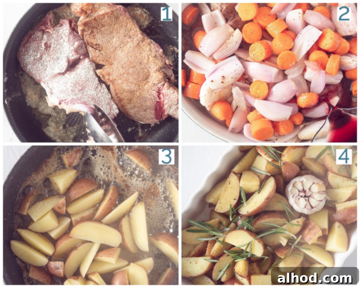Succulent Roasted Sirloin with Deep Red Wine Sauce 4 A four-panel collage showing the preparation stages of oven-baked sirloin with red wine sauce: searing the steak, sautéing vegetables, combining in a baking dish, and the final roasted result.