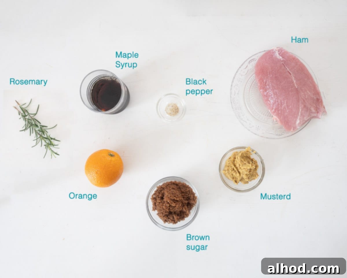 A pristine white background showcasing individual bowls of ingredients for the Slow Cooker Fresh Ham: a bowl of amber maple syrup, a mound of dark brown sugar, a dollop of Dijon mustard, vibrant orange zest, fragrant fresh rosemary sprigs, and a jar of ham.