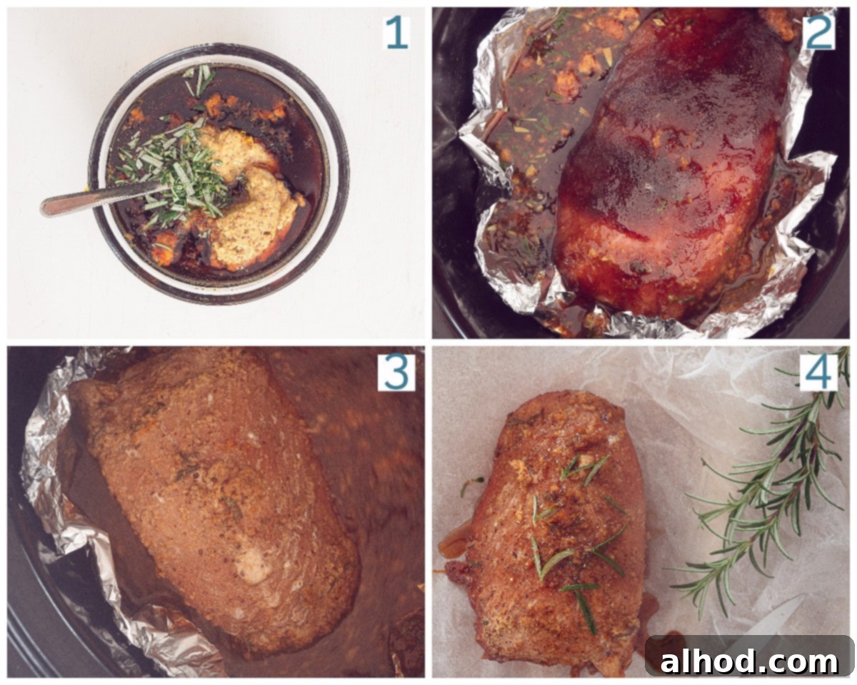 Tender Slow Cooker Fresh Ham 4 A four-photo collage showing the step-by-step preparation of Slow Cooker Fresh Ham: mixing the glaze, placing ham in the slow cooker, basting the ham, and the cooked ham in the slow cooker.