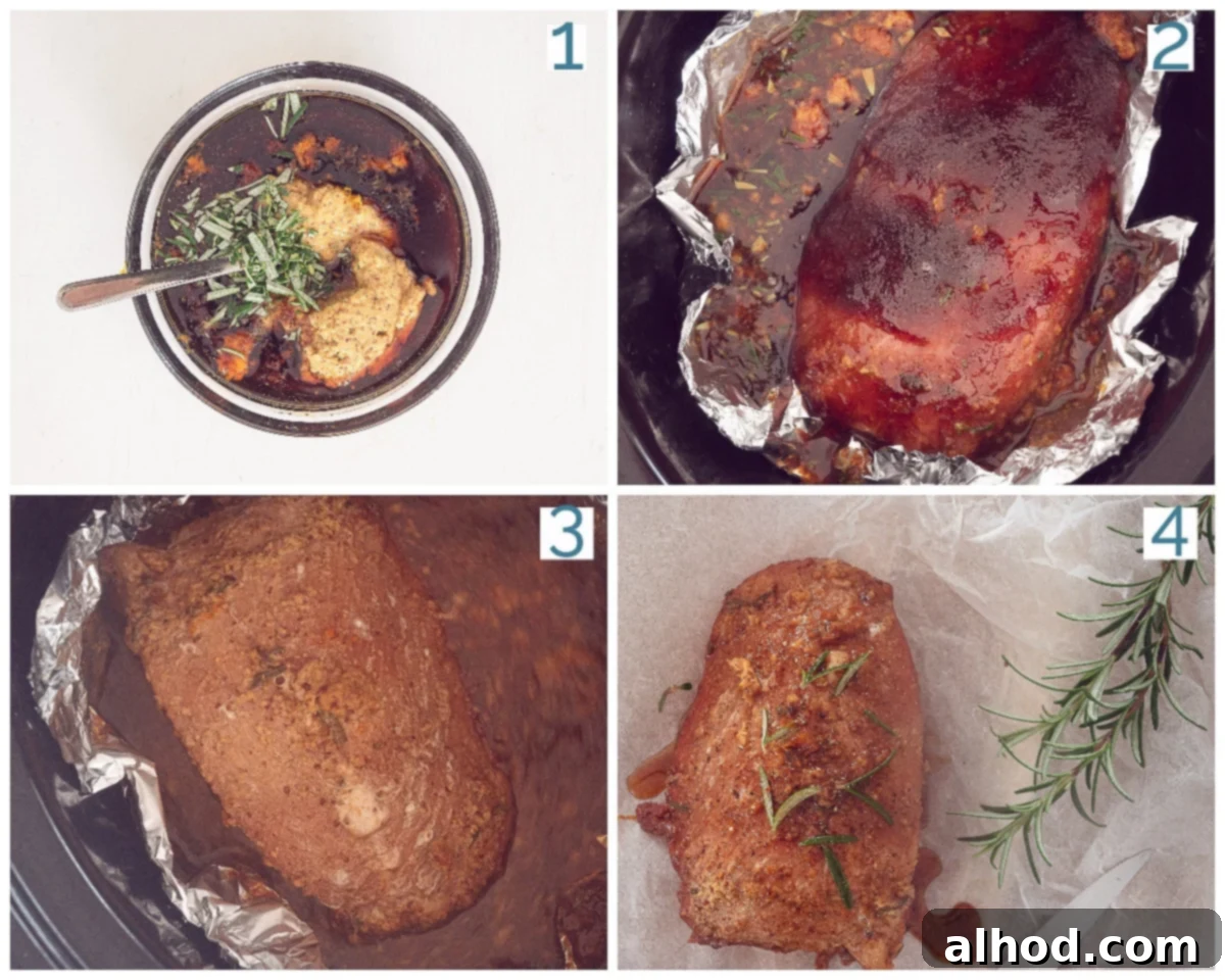 A four-panel collage showing the preparation of Slow Cooker Fresh Ham: 1. Mixing the glaze ingredients. 2. Lining the slow cooker with foil. 3. Brushing the ham with glaze. 4. The ham cooking in the slow cooker with the glaze.
