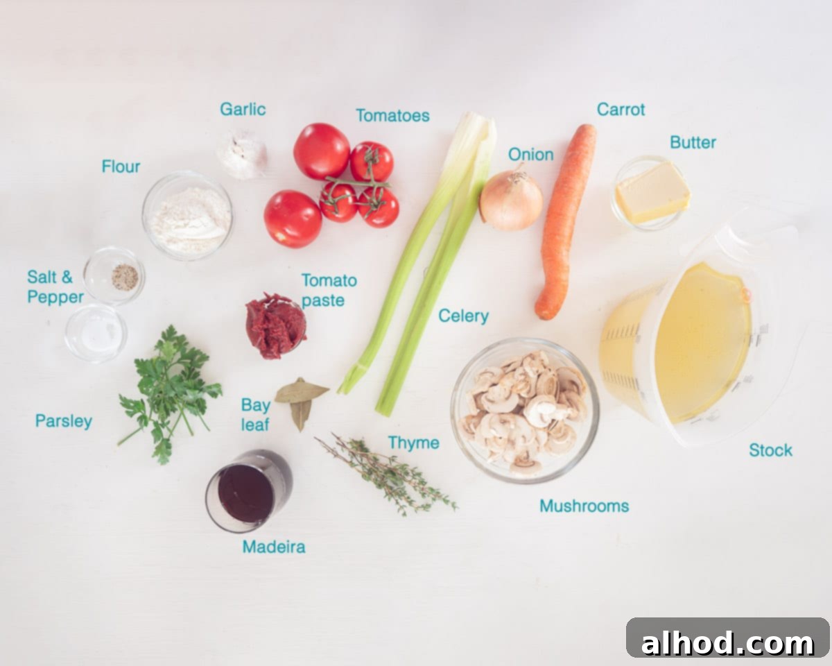 Various ingredients for a rich Madeira sauce, including mushrooms, flour, carrots, onions, tomatoes, celery, herbs, tomato paste, Madeira wine, and beef stock, all clearly displayed on a white background.