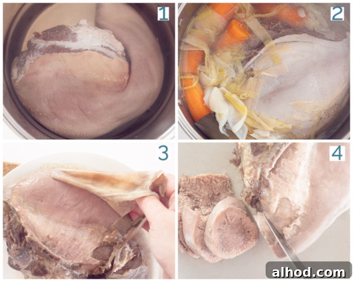 A four-photo collage illustrating the key stages of preparing braised beef tongue: soaking, boiling with aromatics, peeling, and slicing.