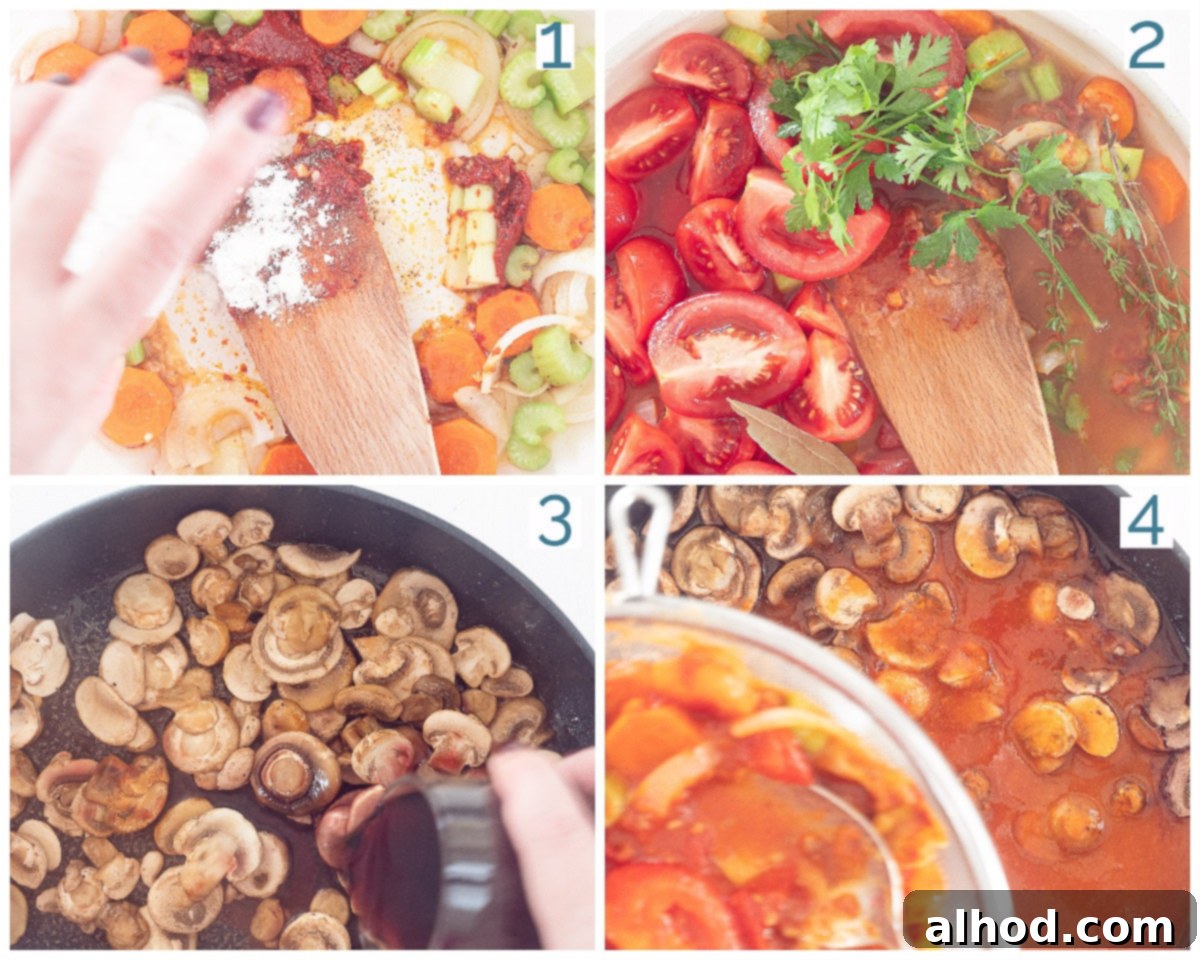 A four-photo collage depicting the process of making Madeira sauce: sautéing vegetables, adding flour, simmering with herbs and stock, and combining with pan-fried mushrooms and Madeira wine.