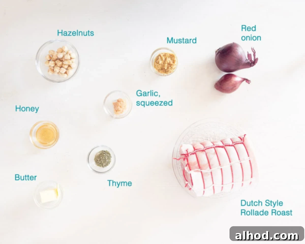 Traditional Dutch Rolled Roast 3 Ingredients Dutch Rollade Recipe, individually labelled on a white background